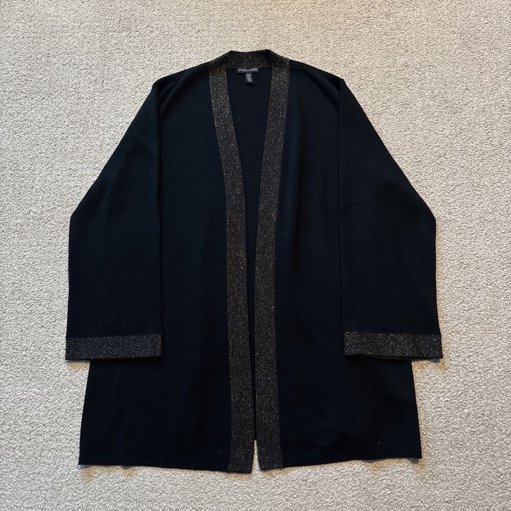 Eileen Fisher Size L Merino Wool Shimmer Trim Black Simple Cardigan Open Front